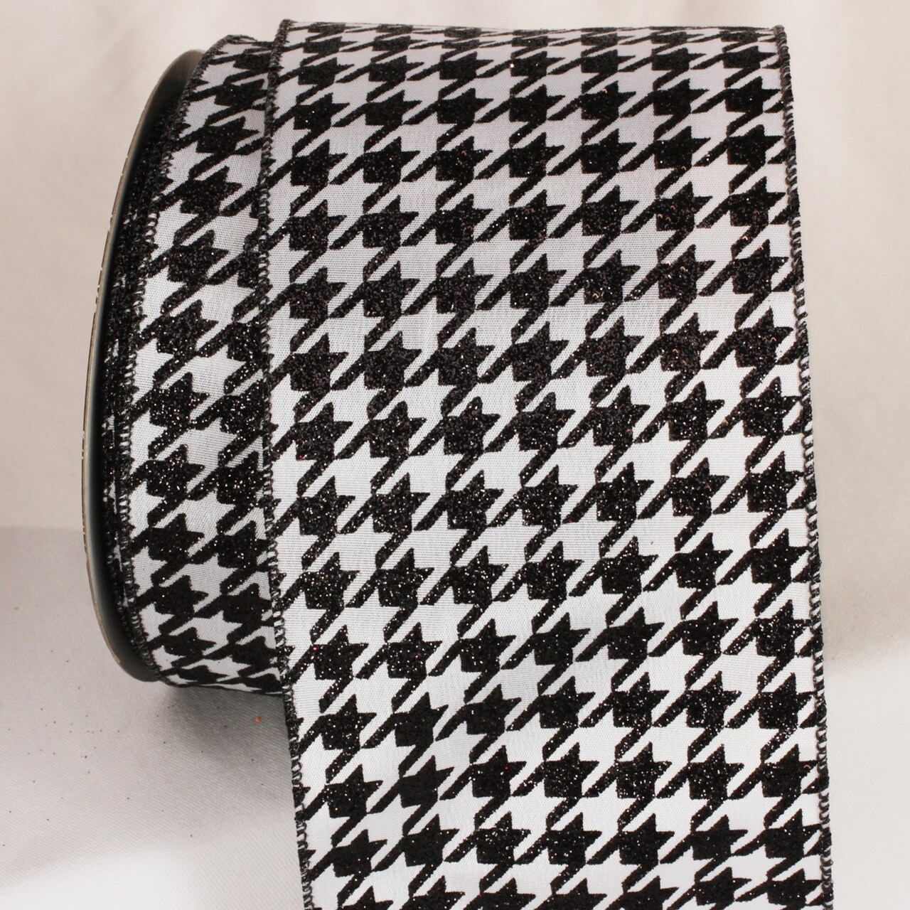 The Ribbon People Sparkling Black and White Hounds tooth design Wired Craft Ribbon 4" x 20 Yards